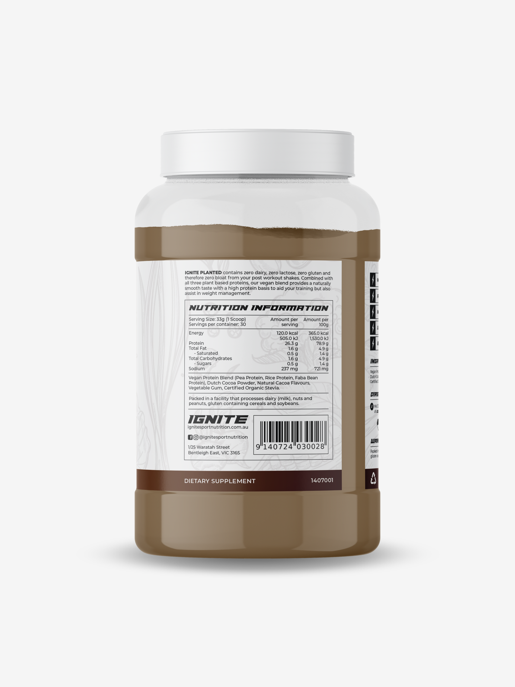 IGNITE PLANTED Chocolate Plant Based Vegan Protein Powder Dietary Supplement