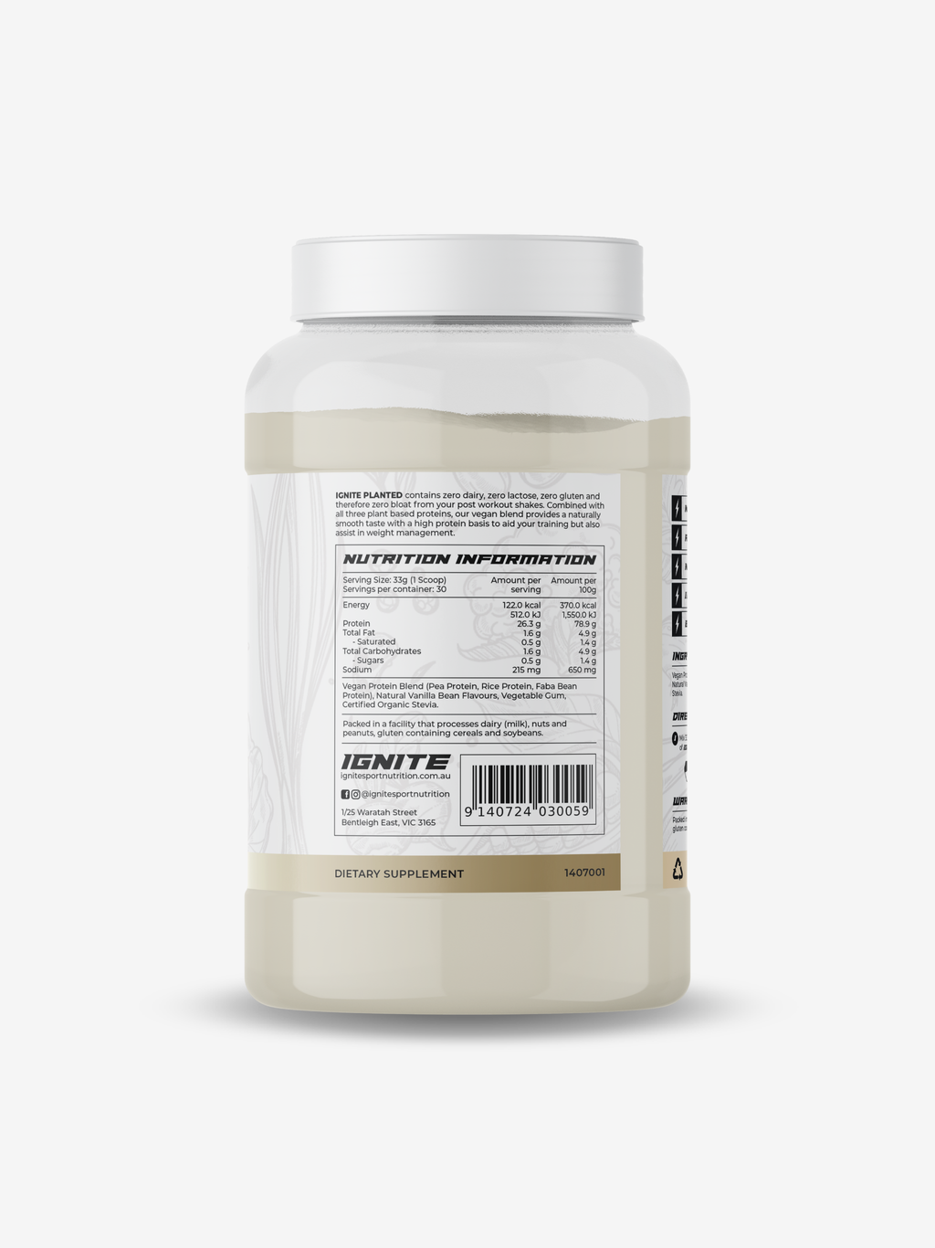 IGNITE PLANTED Vanilla Plant Based Vegan Protein Powder Dietary Supplement