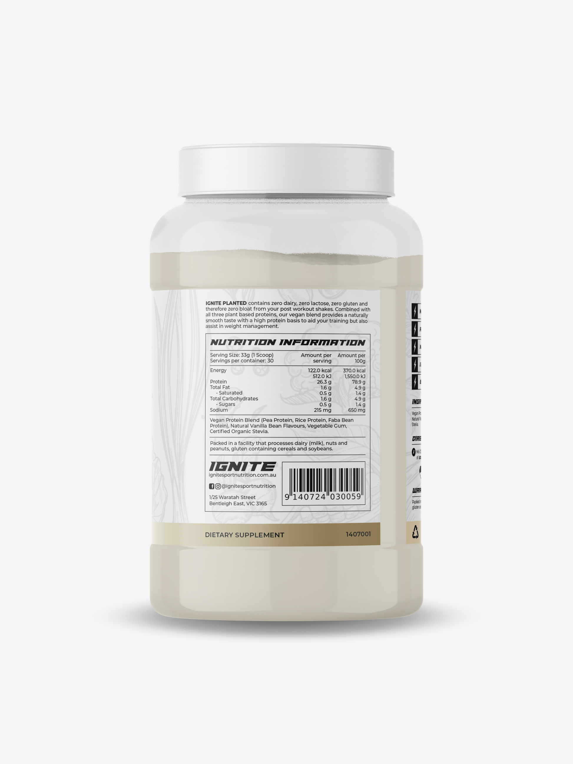 IGNITE PLANTED Vanilla Plant Based Vegan Protein Powder Dietary Supplement
